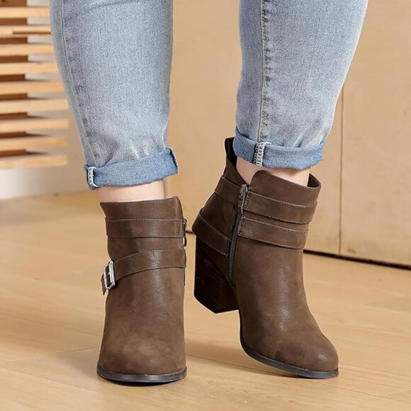 Women's Wide Width Ankle Boots, Extra Wide Mid Heel Side Zipper Booties Brown - Picture 1 of 5